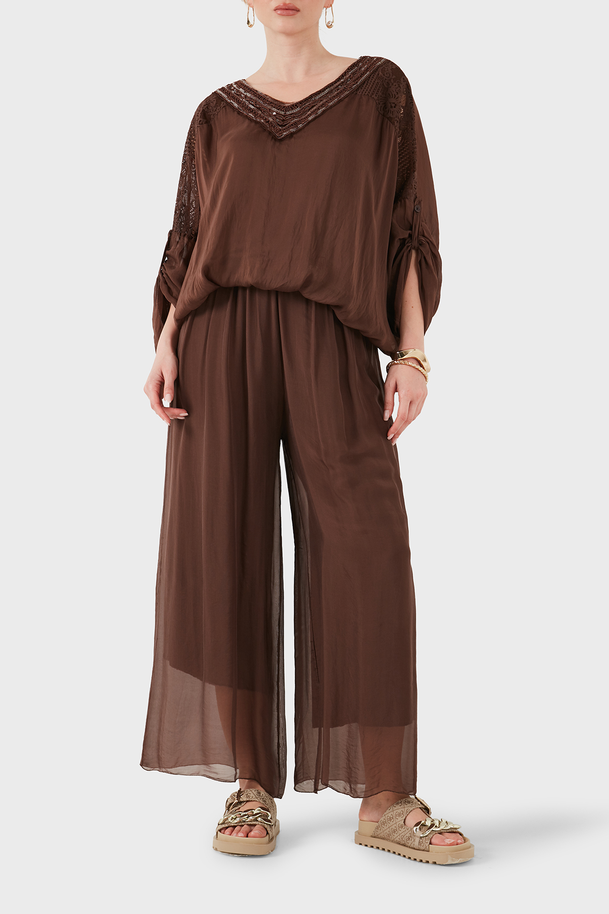 Via Dante İpek Karışımlı Relaxed Fit Dökümlü Bol Paça Kadın Pantolon 690O15 KAHVE