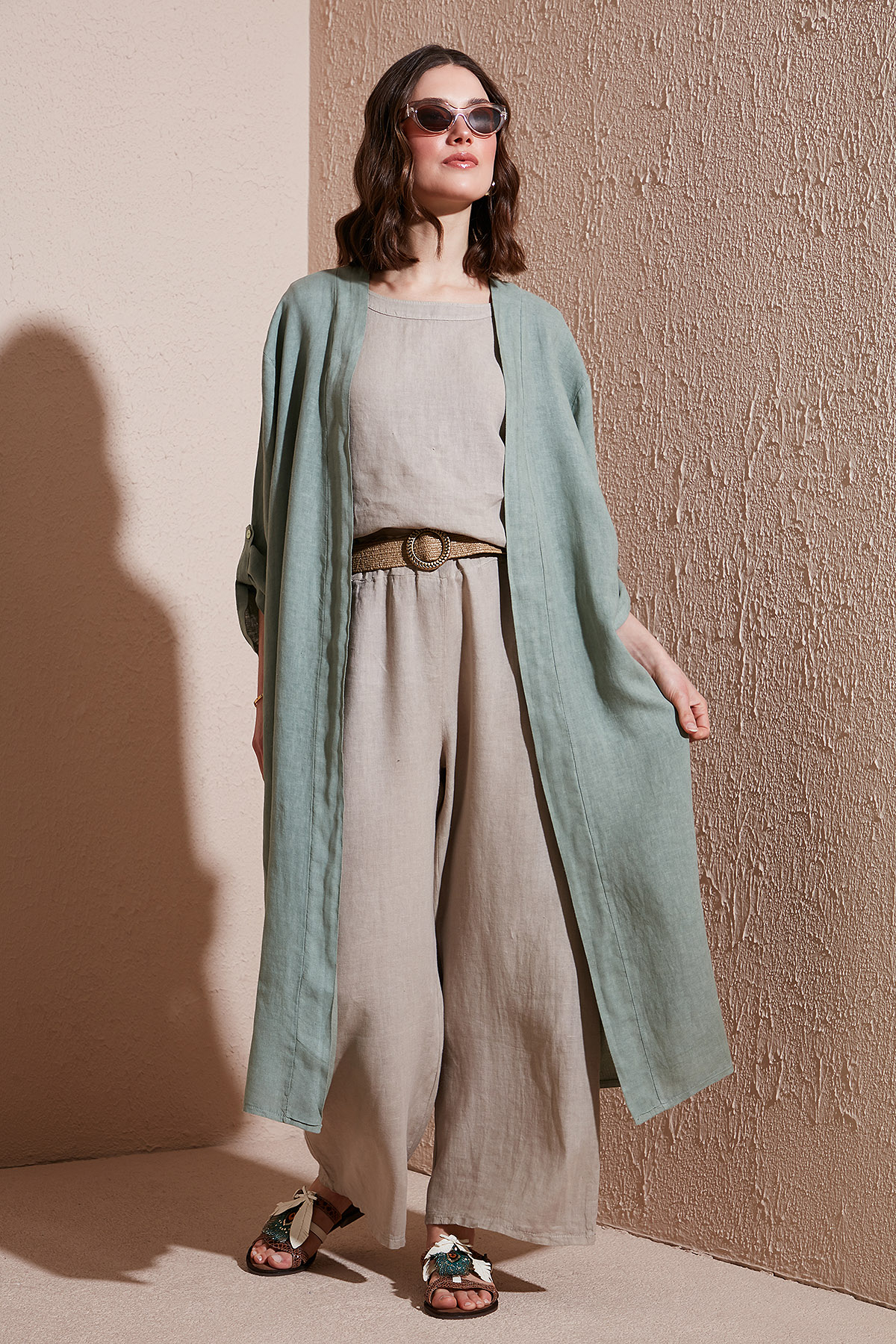 Via Dante Oversize Arkası Dantel Detaylı Uzun Keten Kadın Kimono 7183544 HAKİ