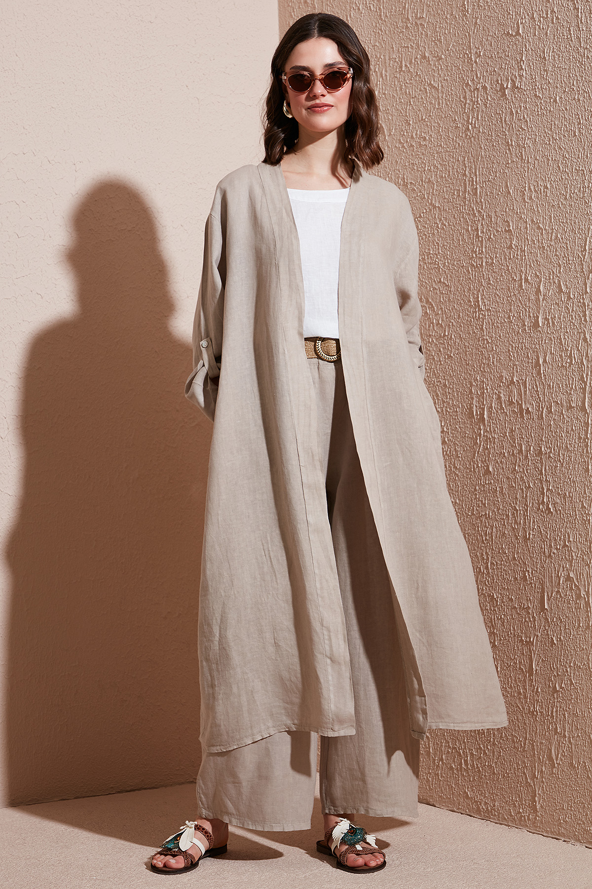 Via Dante Oversize Arkası Dantel Detaylı Uzun Keten Kadın Kimono 7183687 TAŞ