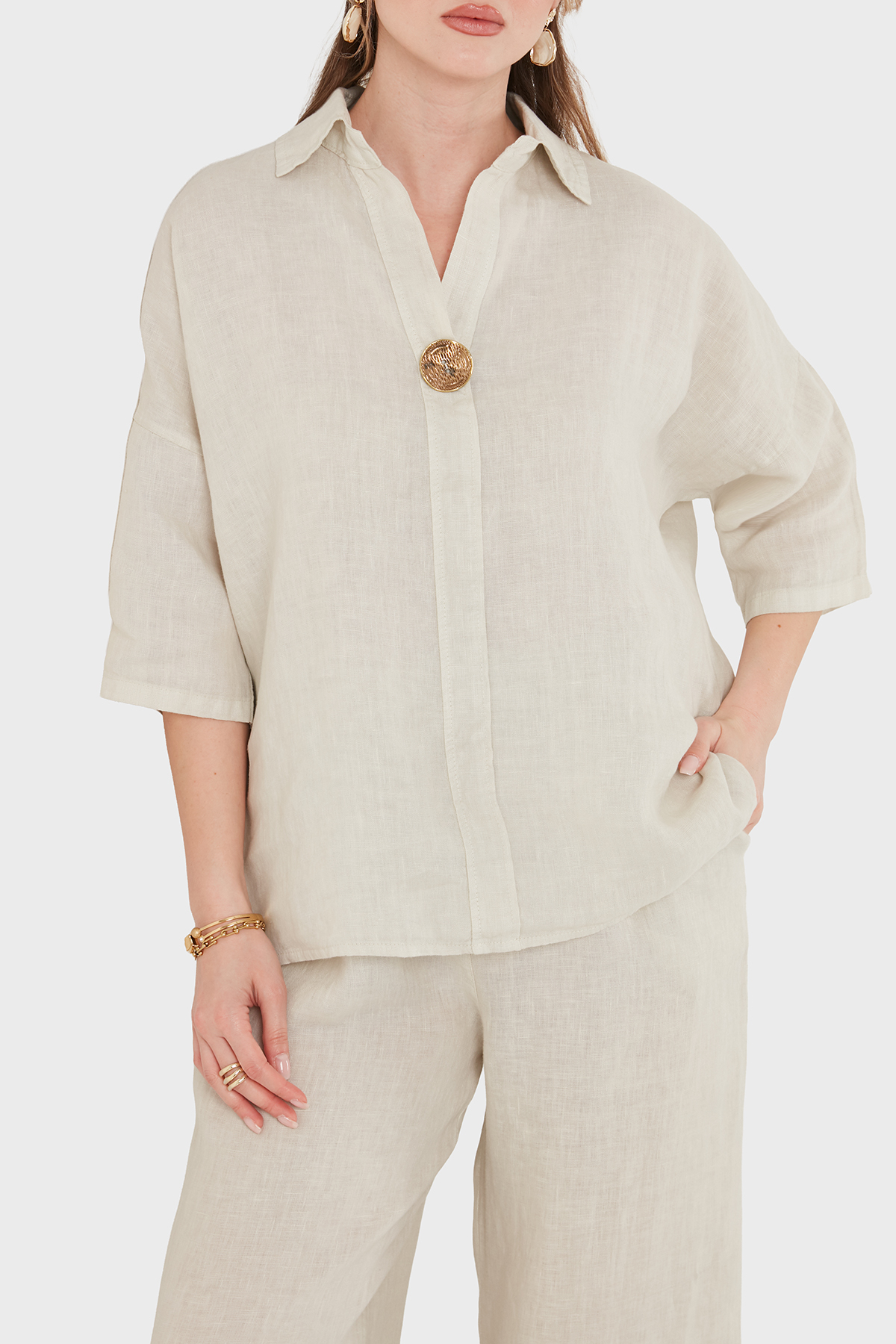 Via Dante Oversize Düğme Detaylı Keten Kadın Bluz 6617504 BEJ