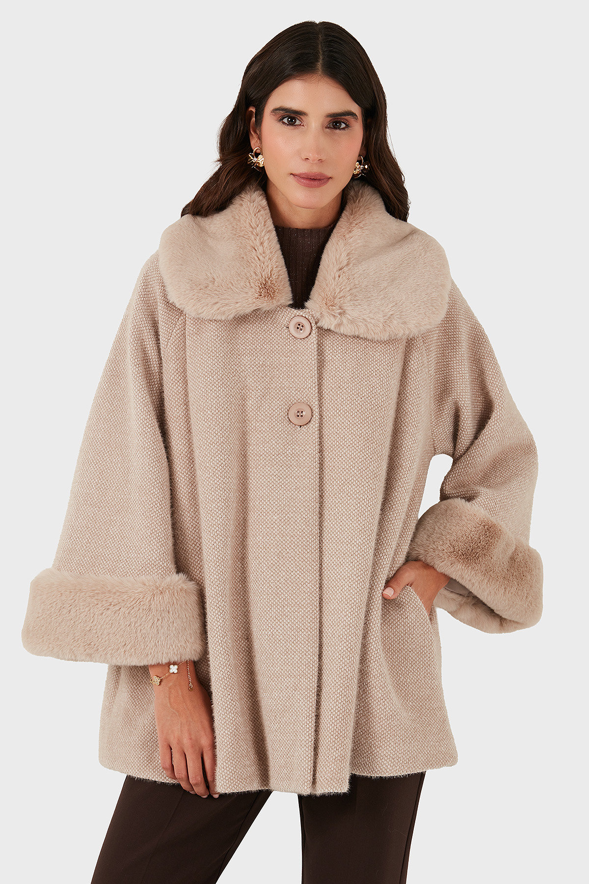 Via Dante Oversize Fit Ceket Yaka Düğmeli Kürk Kadın Mont 6858060 BEJ