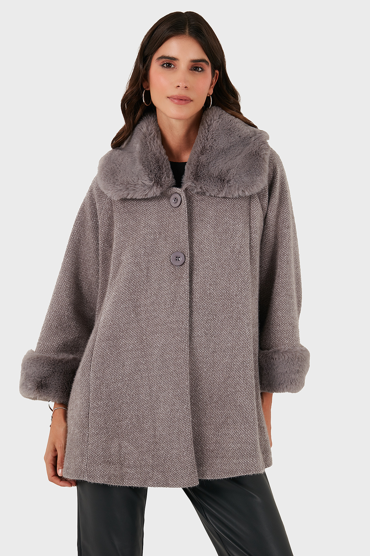 Via Dante Oversize Fit Ceket Yaka Düğmeli Kürk Kadın Mont 6858060 GRİ