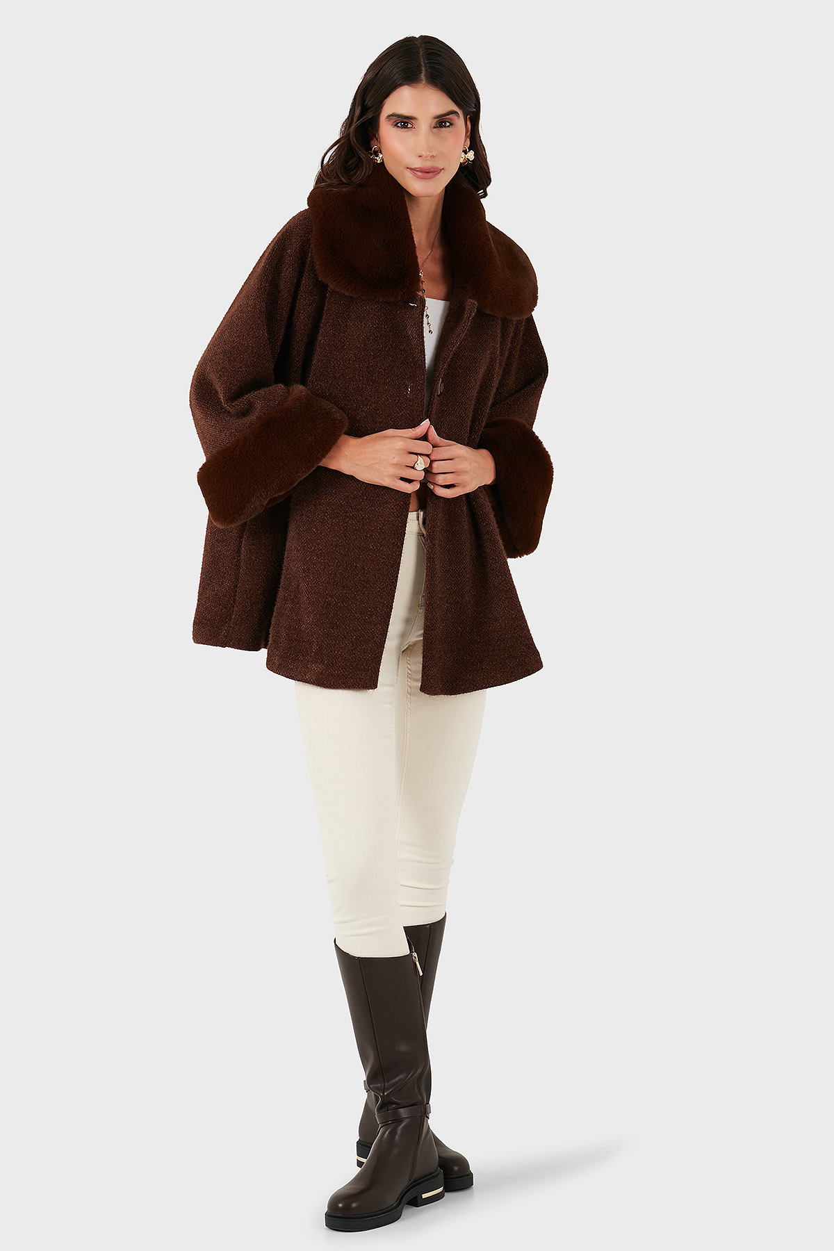 Via Dante Oversize Fit Ceket Yaka Düğmeli Kürk Kadın Mont 6858060 KAHVE