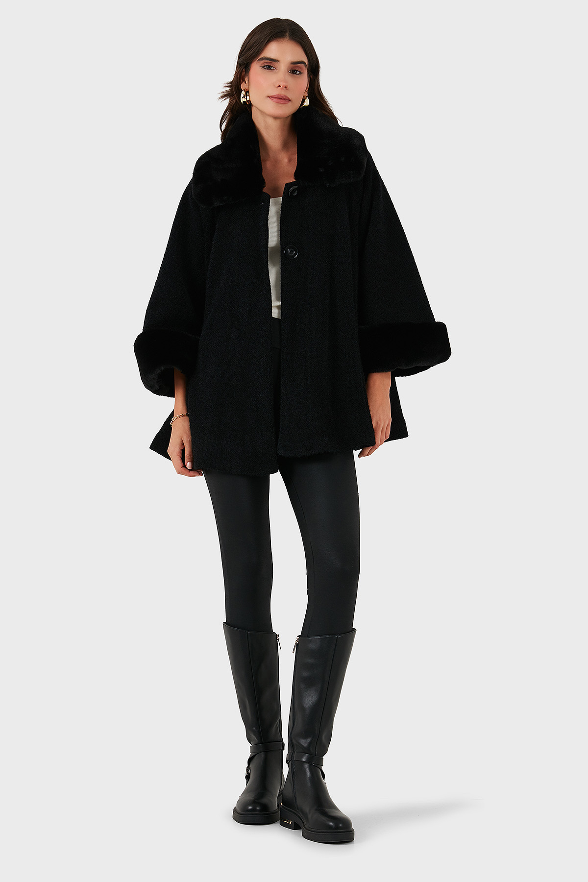 Via Dante Oversize Fit Ceket Yaka Düğmeli Kürk Kadın Mont 6858060 SİYAH