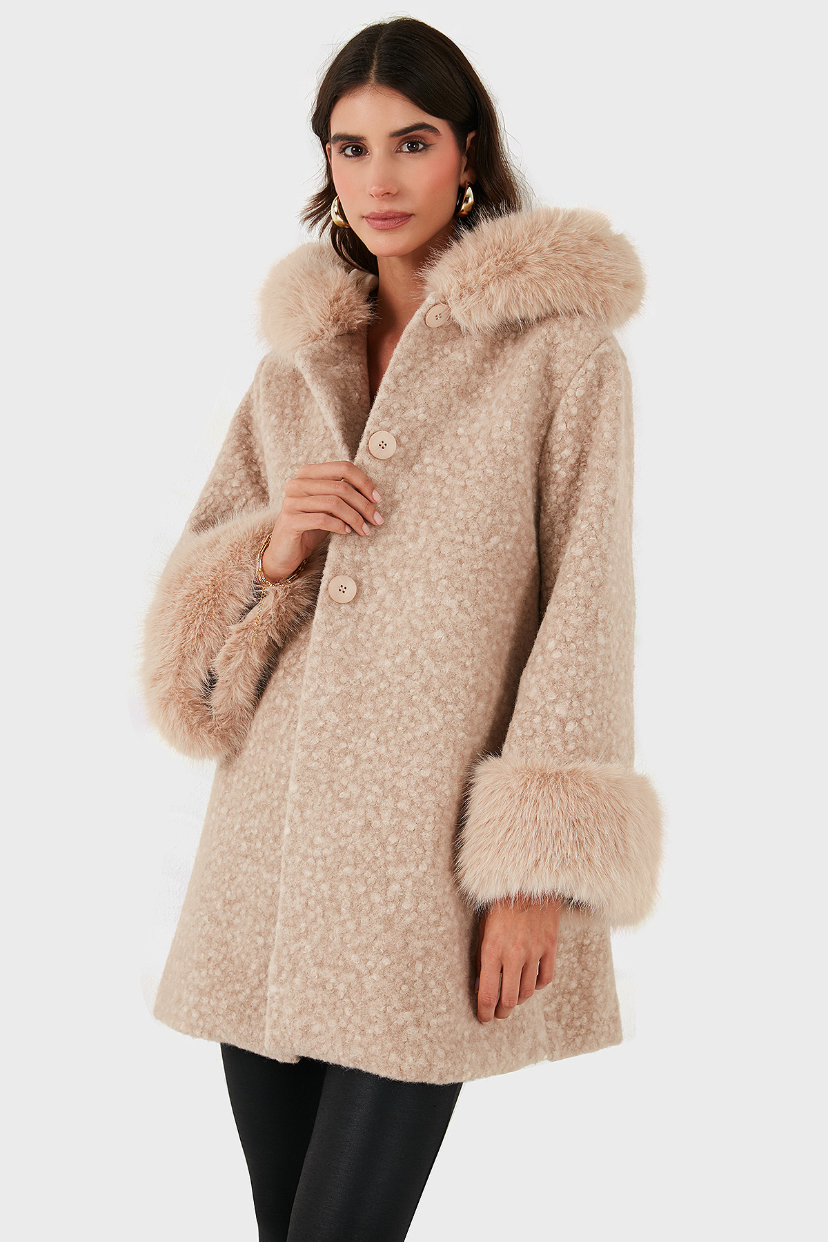 Via Dante Oversize Fit Kapüşonlu Yumuşak Tüy Detaylı Kadın Mont 690891 BEJ