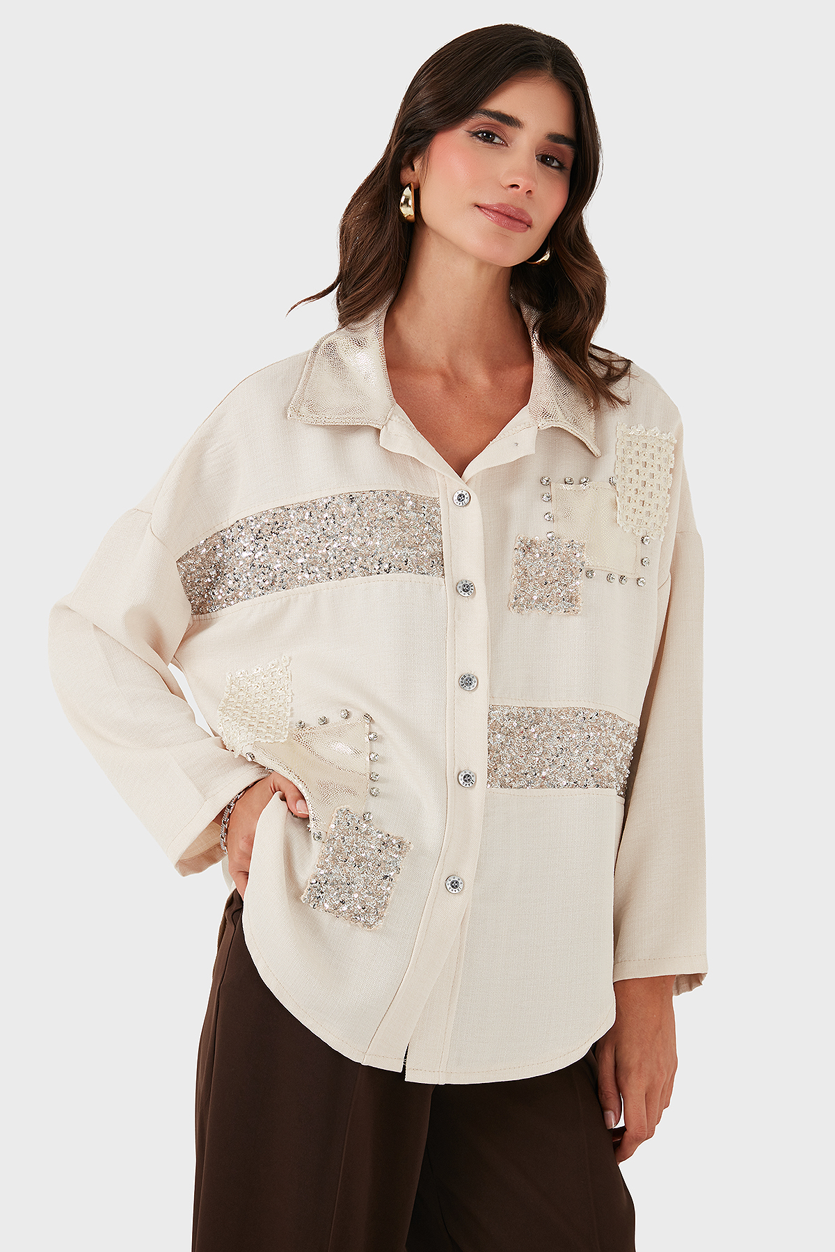 Via Dante Oversize Fit Pul Detaylı Uzun Kollu Kadın Gömlek 69143120 BEJ
