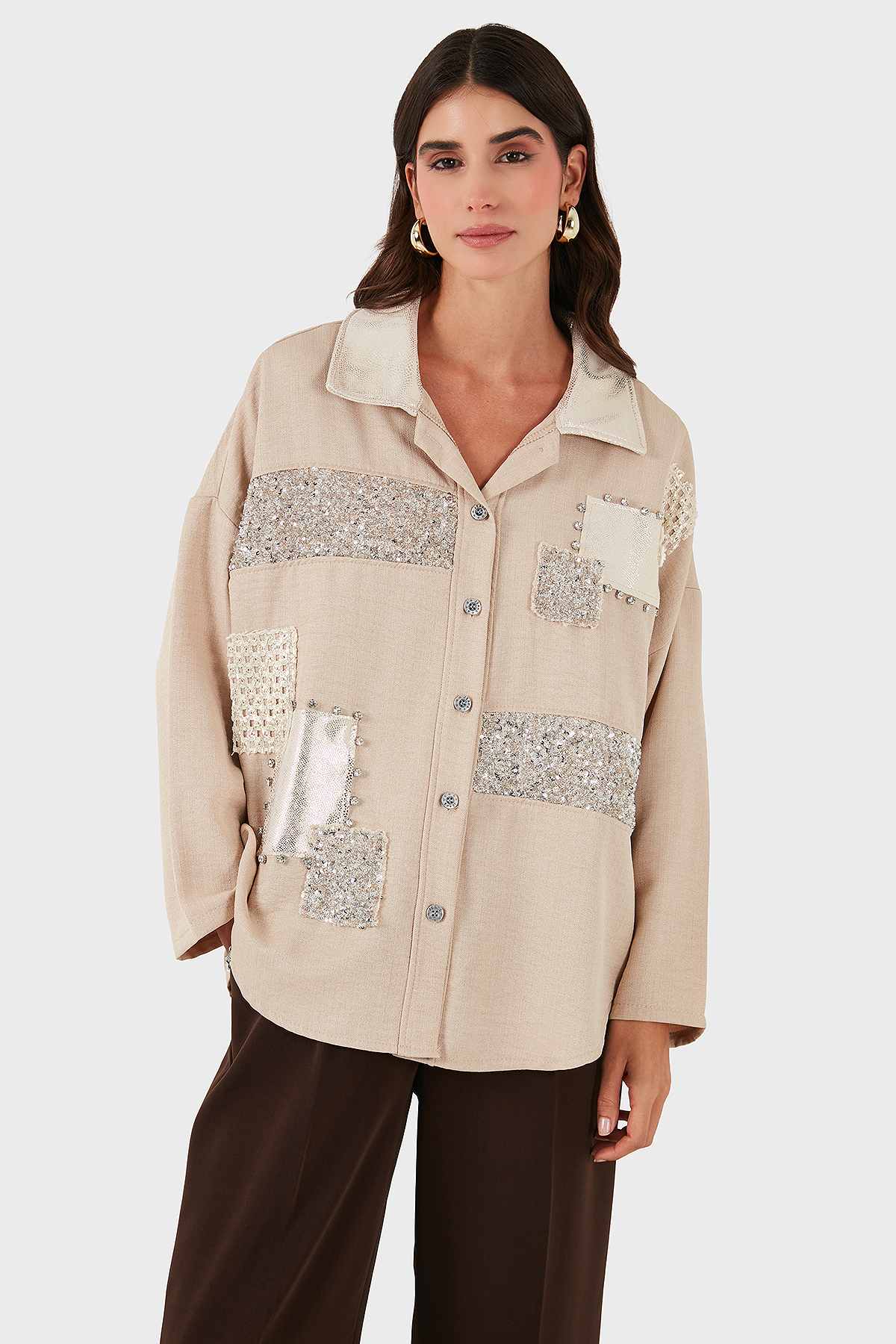 Via Dante Oversize Fit Pul Detaylı Uzun Kollu Kadın Gömlek 69143120 CAMEL