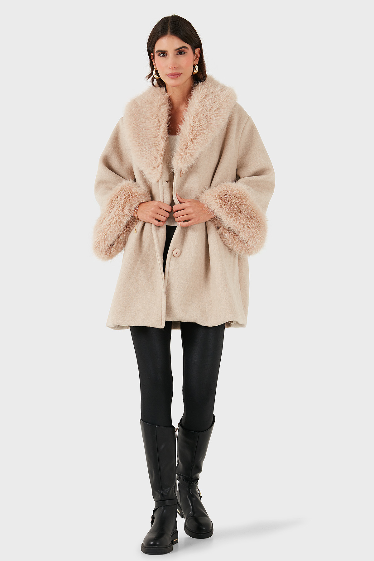 Via Dante Oversize Fit Şal Yaka Kürk Detaylı Astarlı Kadın Mont 690852 BEJ