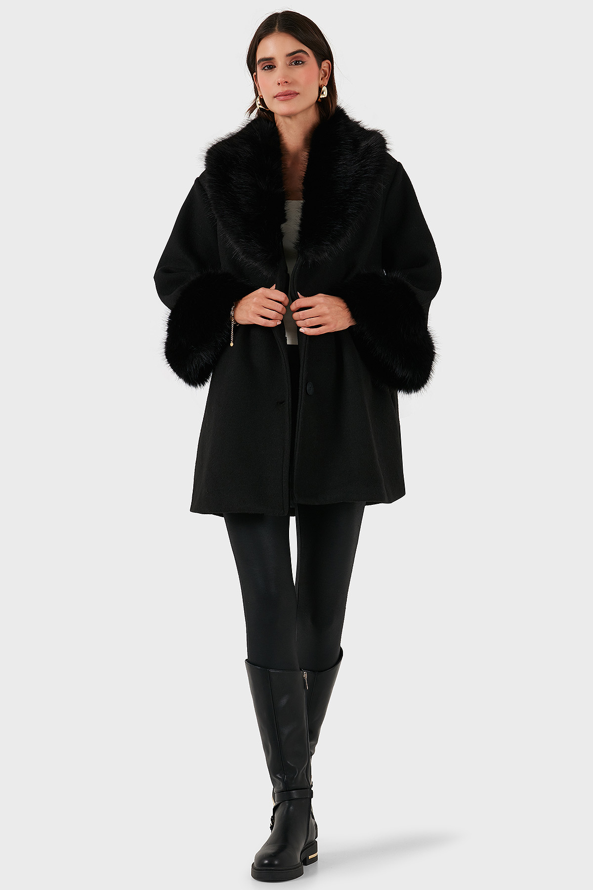 Via Dante Oversize Fit Şal Yaka Kürk Detaylı Astarlı Kadın Mont 690852 SİYAH