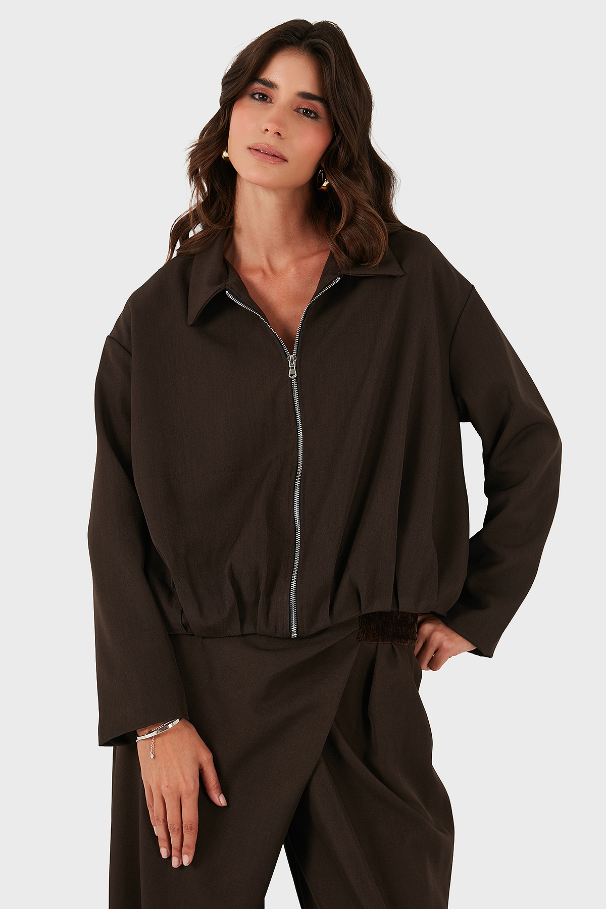 Via Dante Regular Fit Gömlek Yaka Fermuarlı Kadın Ceket 268755688 KAHVE