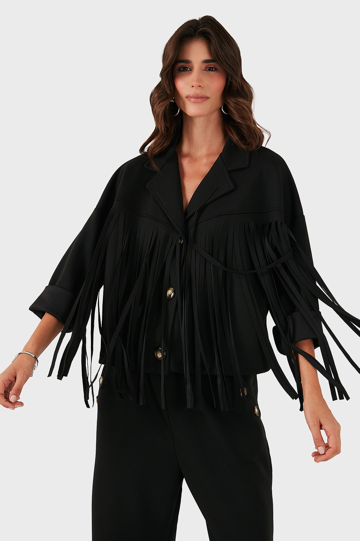 Via Dante Regular Fit Kruvaze Yaka Püsküllü Kadın Ceket 68821795 SİYAH