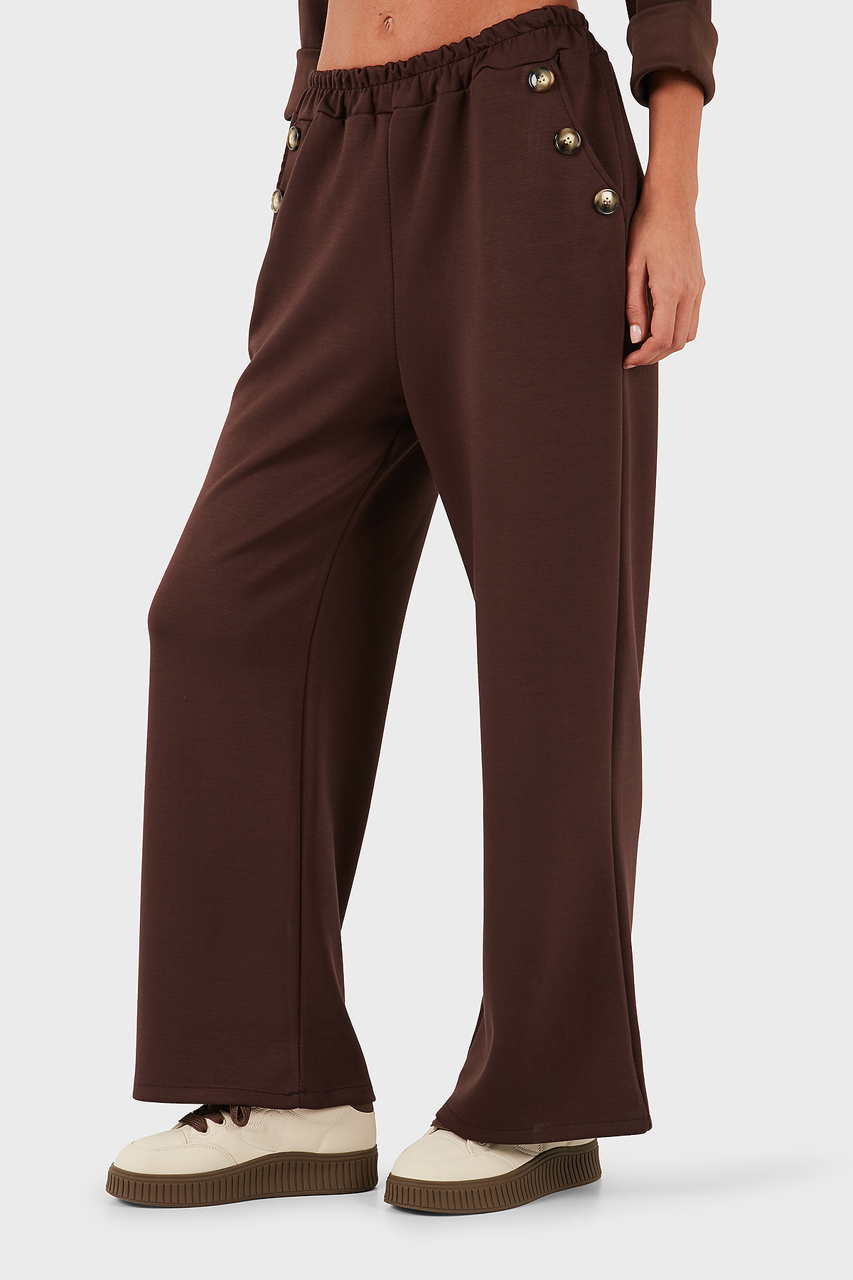 Via Dante Regular Fit Lastikli Bel Geniş Paça Düğme Detaylı Kadın Pantolon 6888573 KAHVE