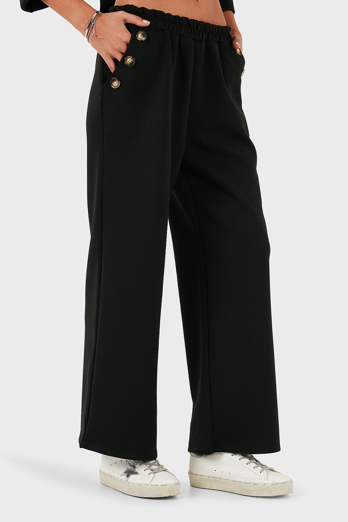 Via Dante Regular Fit Lastikli Bel Geniş Paça Düğme Detaylı Kadın Pantolon 6888573 SİYAH