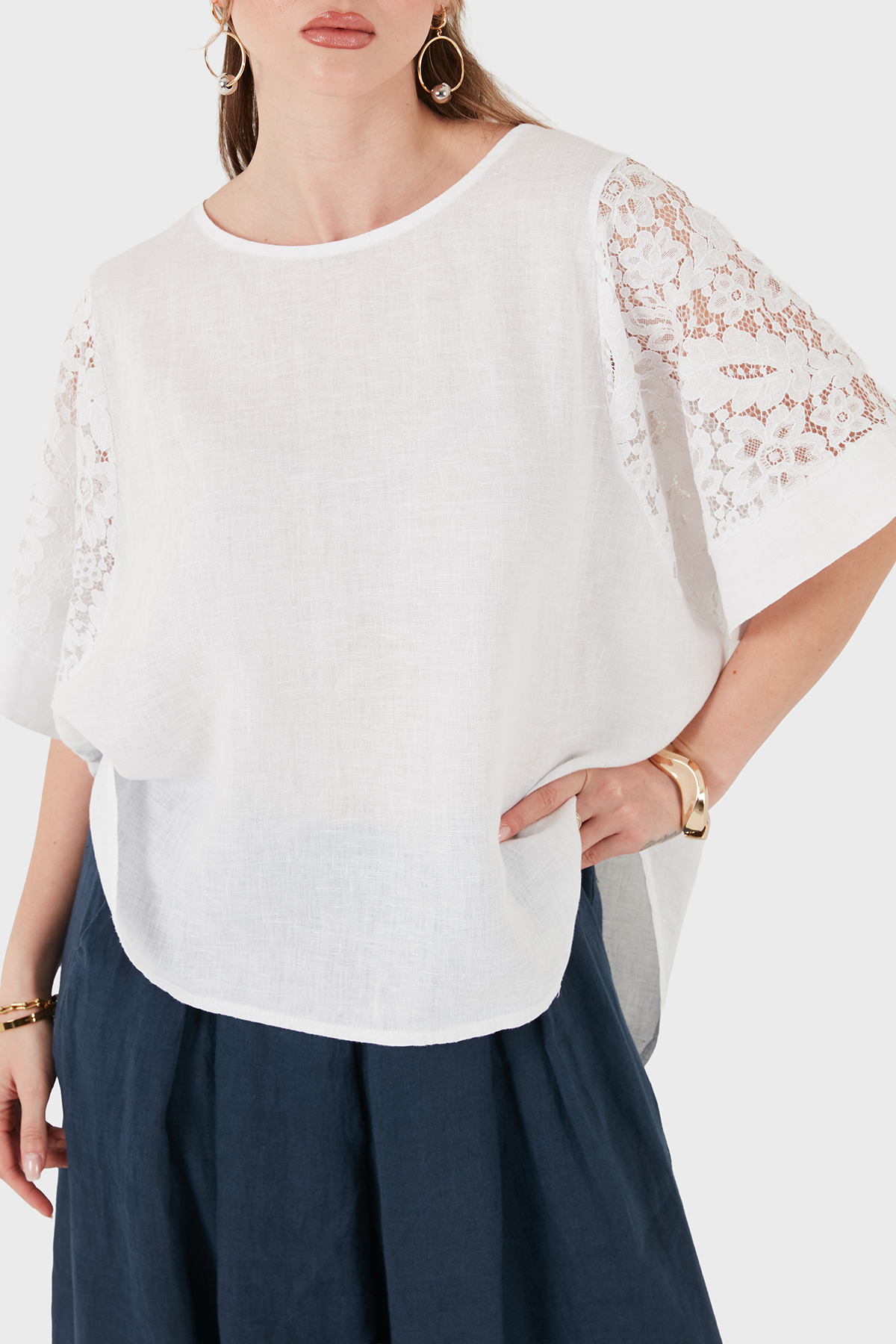 Via Dante Relaxed Fit Dantel Detaylı Keten Kadın Bluz 7222L BEYAZ