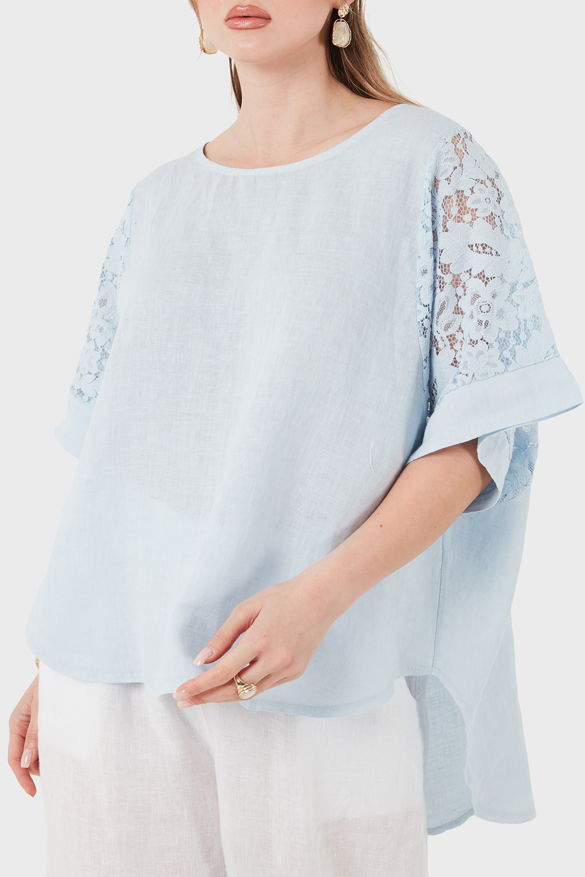 Via Dante Relaxed Fit Dantel Detaylı Keten Kadın Bluz 7222L MAVİ