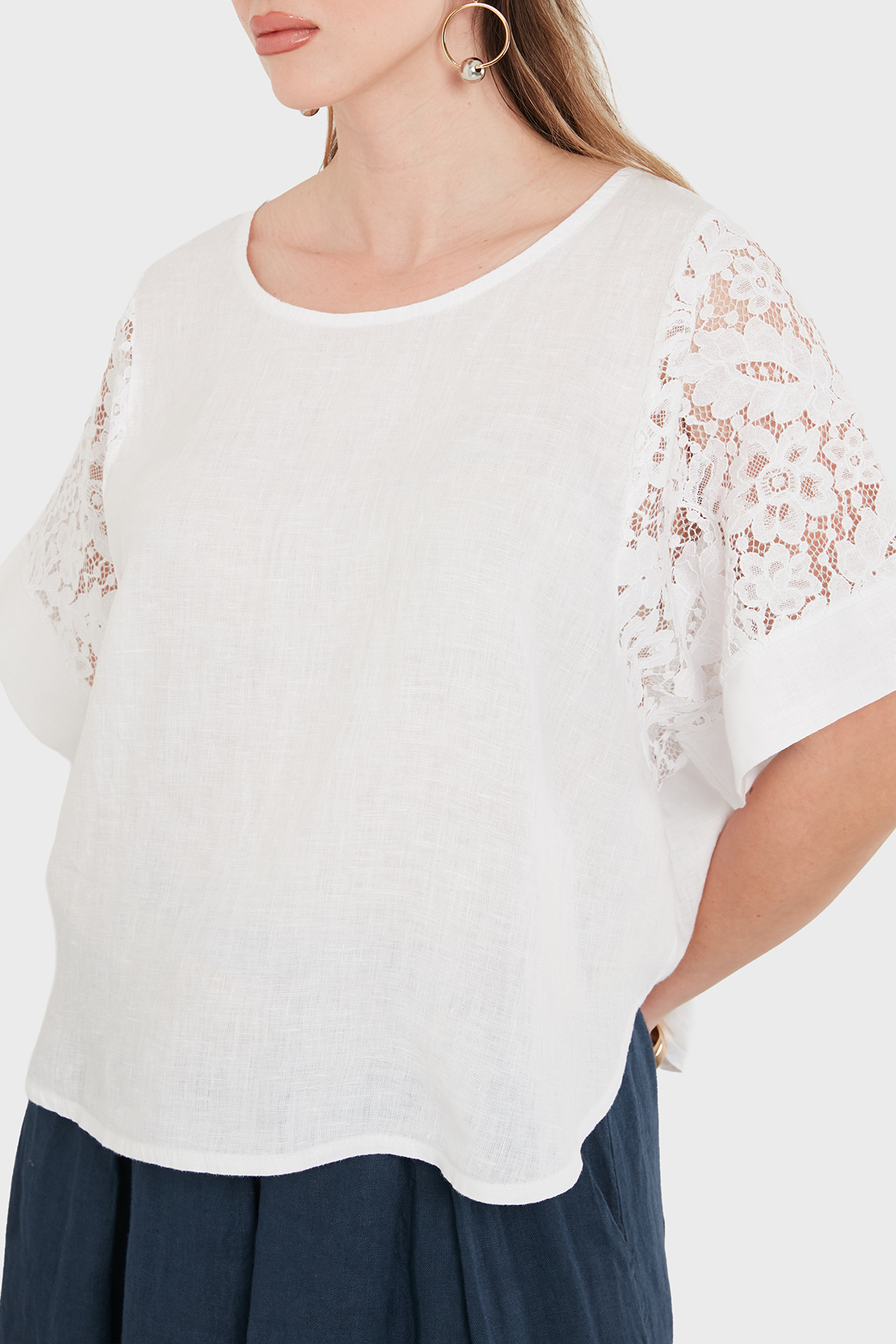 Via Dante Relaxed Fit Dantel Detaylı Keten Kadın Bluz 7222P BEYAZ
