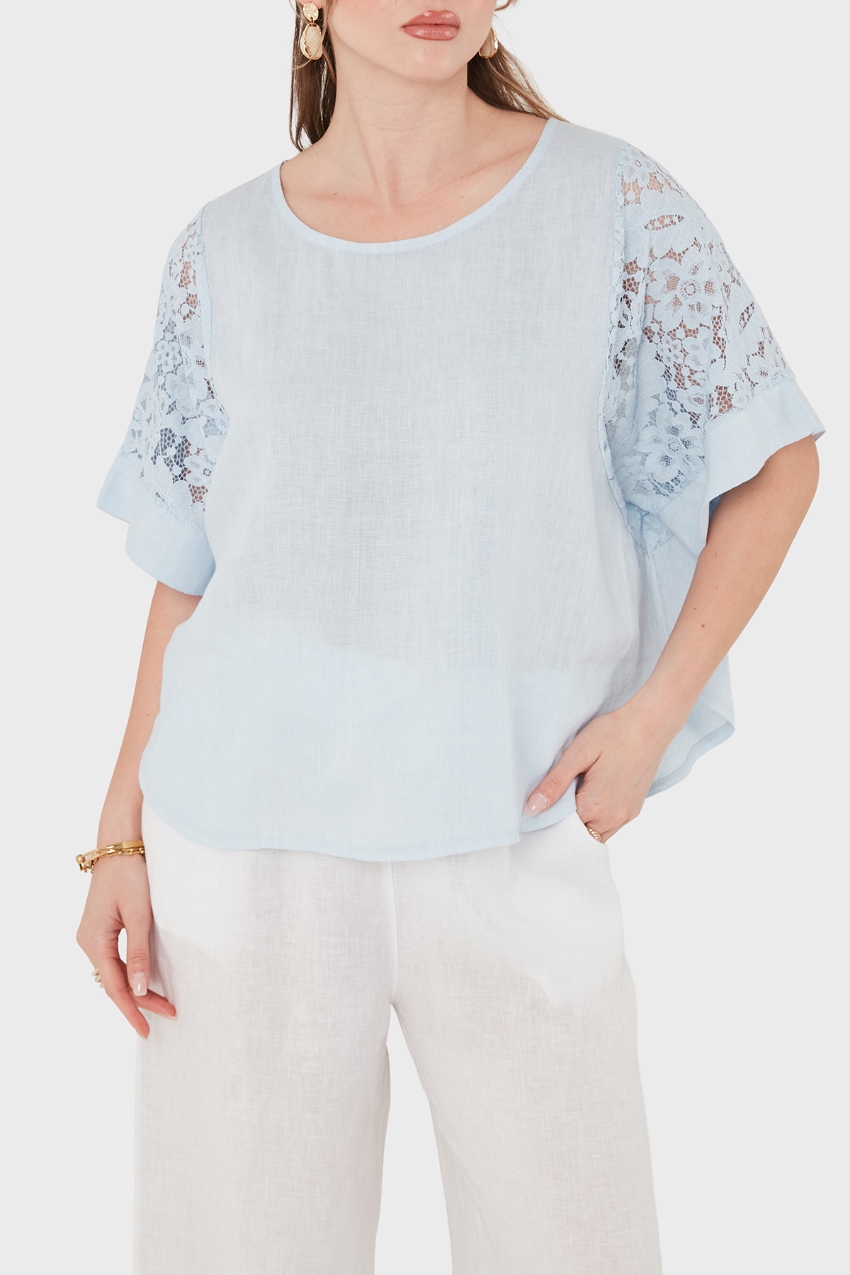 Via Dante Relaxed Fit Dantel Detaylı Keten Kadın Bluz 7222P MAVİ