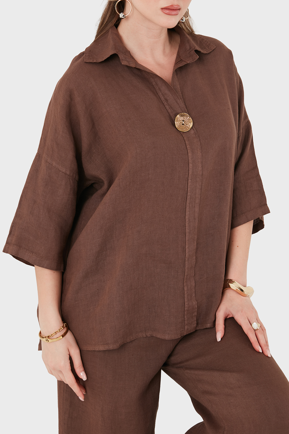 Via Dante Relaxed Fit Düğme Detaylı Klasik Yaka Keten Kadın Bluz 6617609 KAHVE