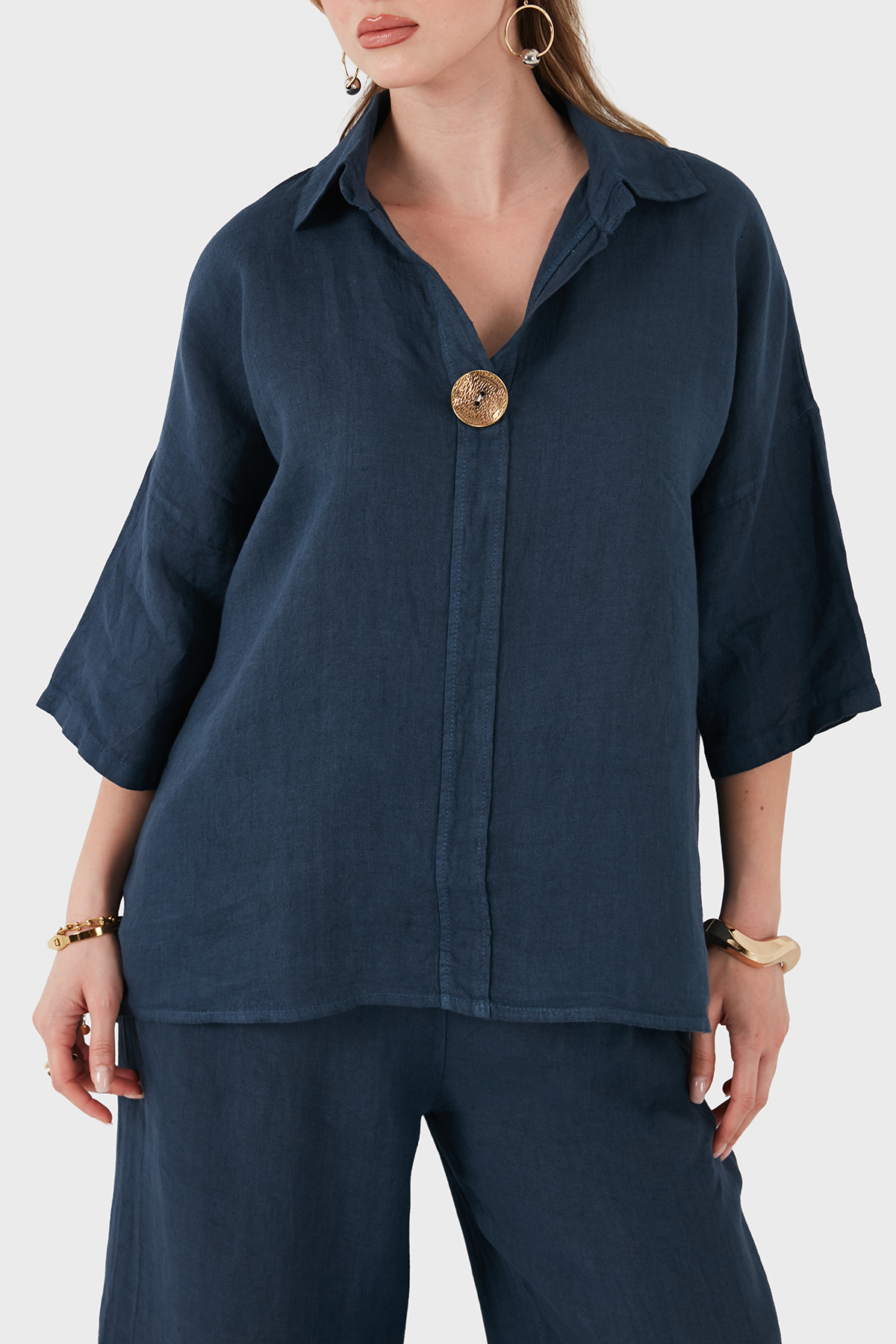 Via Dante Relaxed Fit Düğme Detaylı Klasik Yaka Keten Kadın Bluz 6617821 LACİVERT