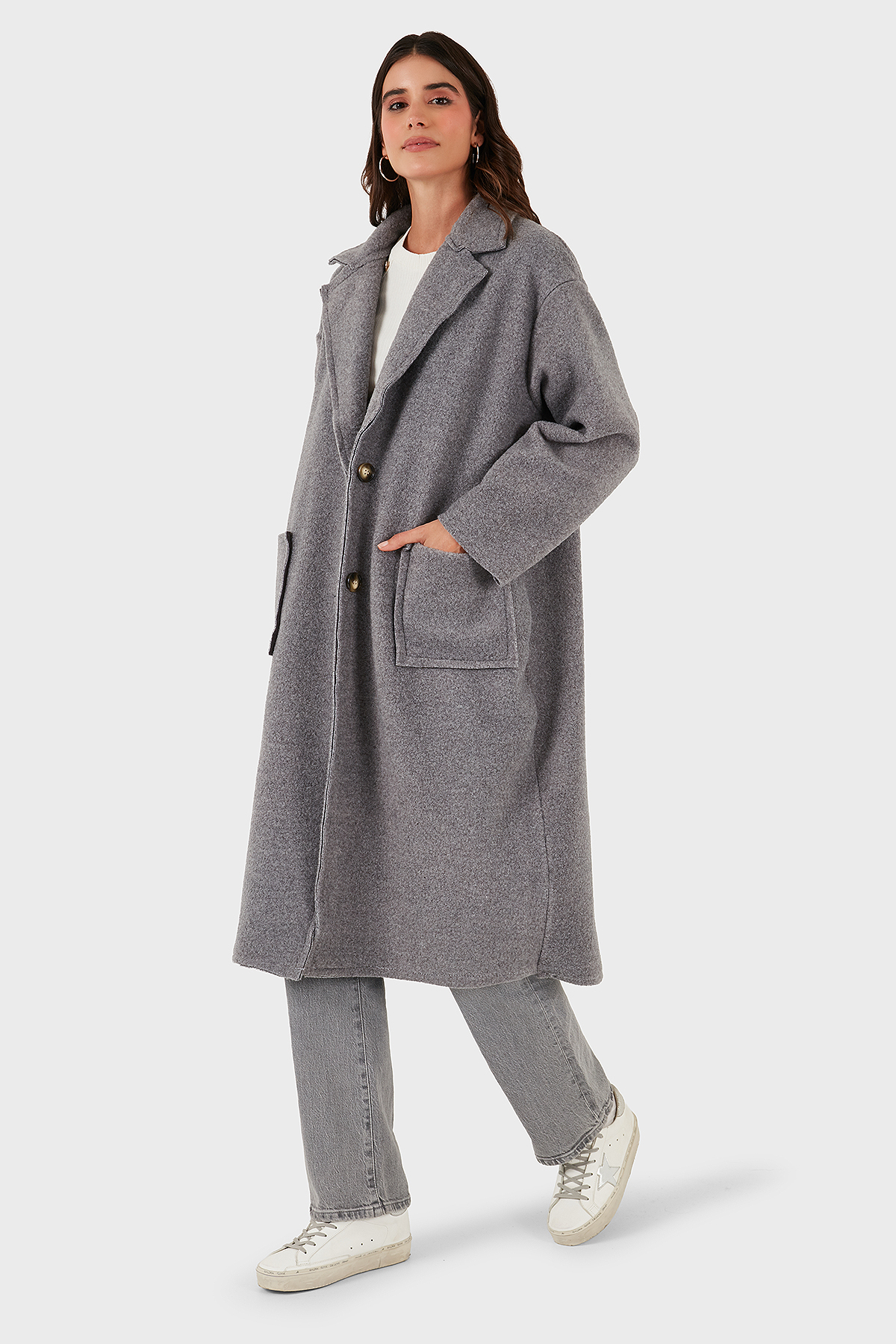 Via Dante Relaxed Fit  Kruvaze Yaka Düğmeli Uzun Kadın Kaban 68821012 GRİ