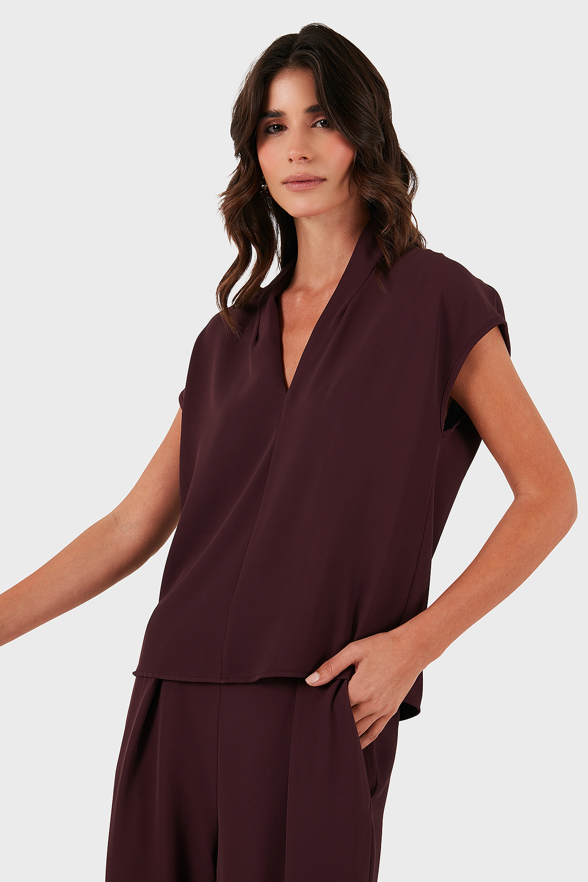 Via Dante Relaxed Fit V Yaka Kısa Kollu Kadın Bluz 268755088 BORDO