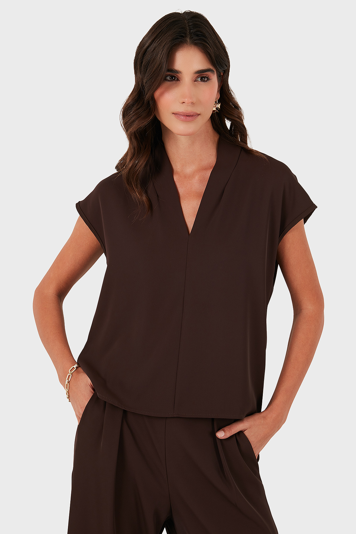 Via Dante Relaxed Fit V Yaka Kısa Kollu Kadın Bluz 268755088 KAHVE