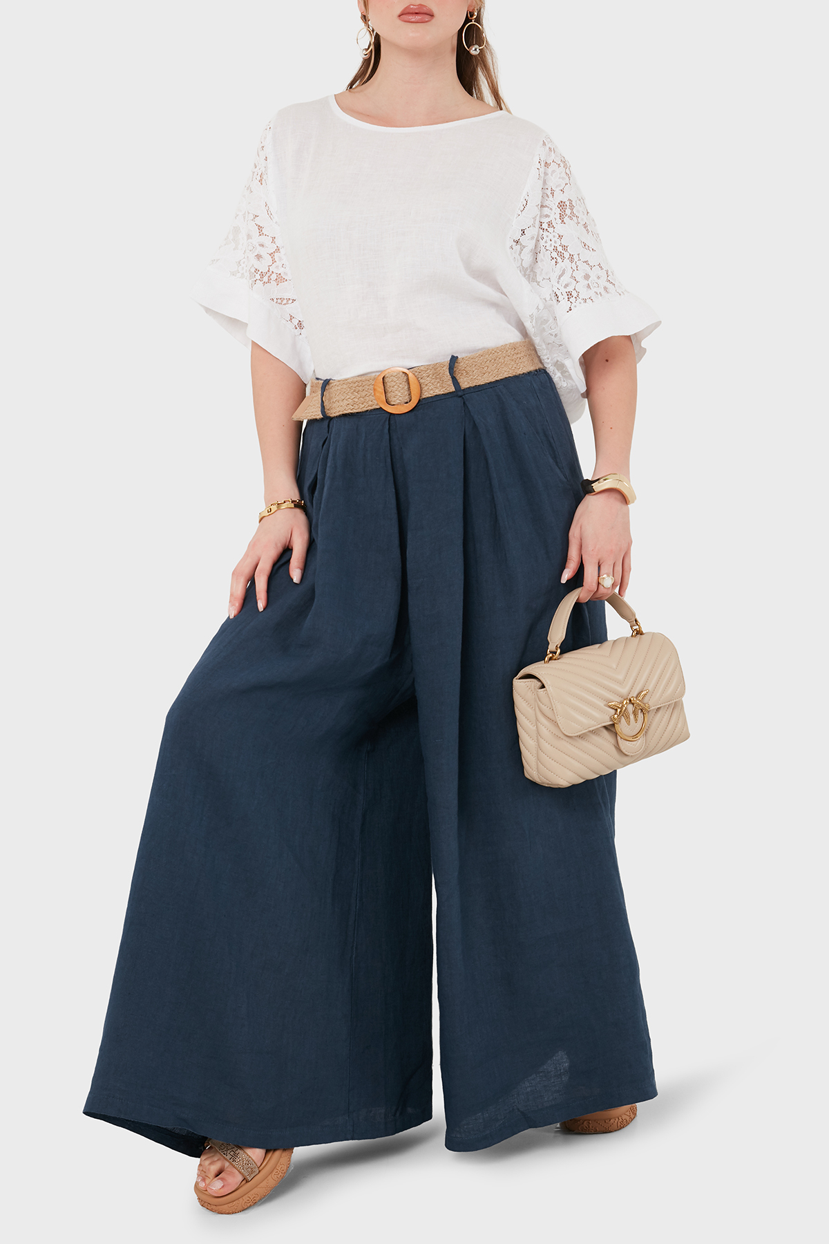 Via Dante Relaxed Fit Yüksek Bel Bol Paça Keten Kadın Pantolon 7544 LACİVERT