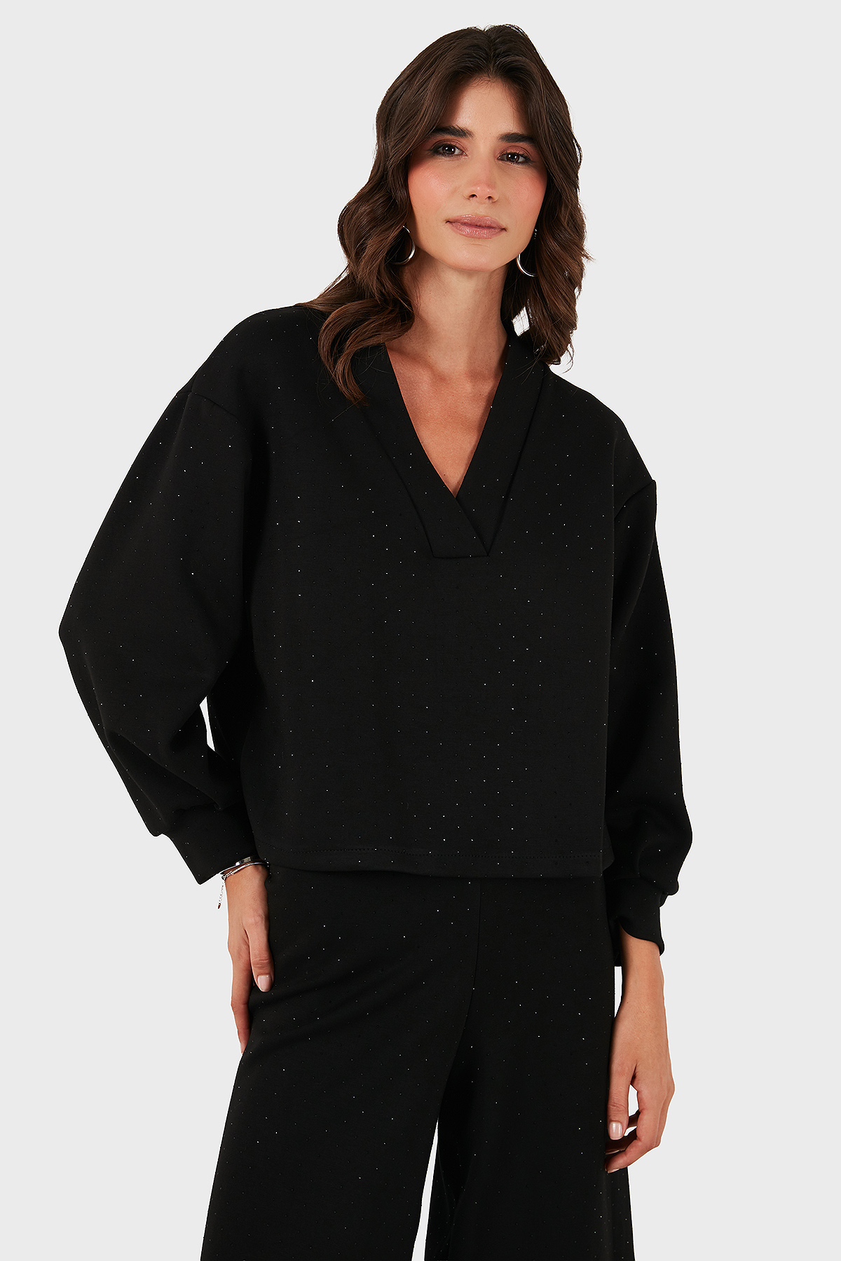 Via Dante Taşlı Oversize Fit V Yaka Kadın Bluz 268793733 SİYAH